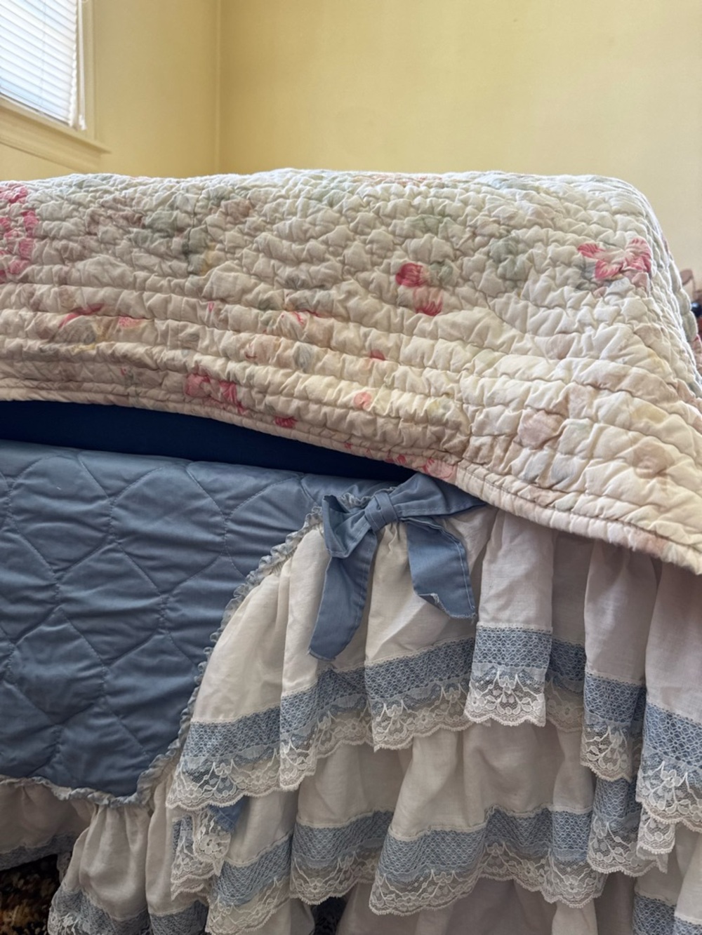 Baby blue & Cream Quilted Full Size Vintage Bed skirt with Lace & Bow Accents
